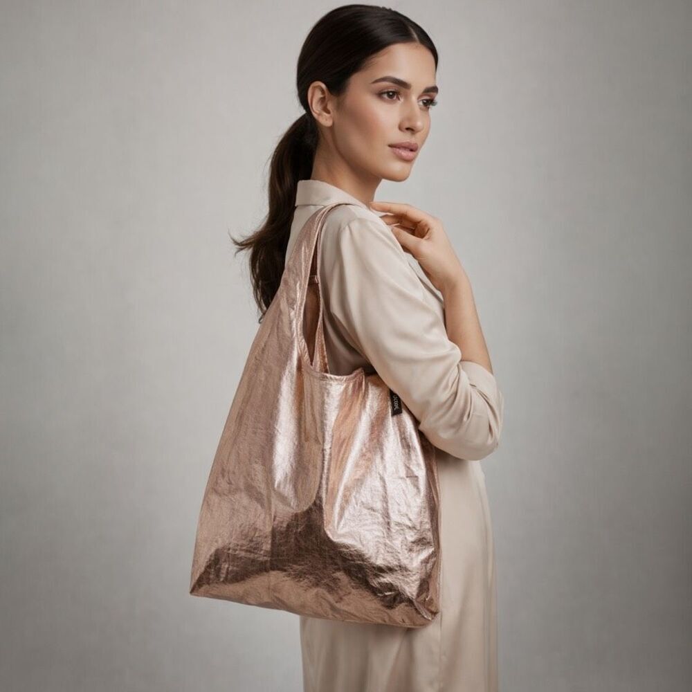 BAGGU Standard Reusable Tote Bag Rose Gold Metallic NWT Ripstop Nylon Shopper